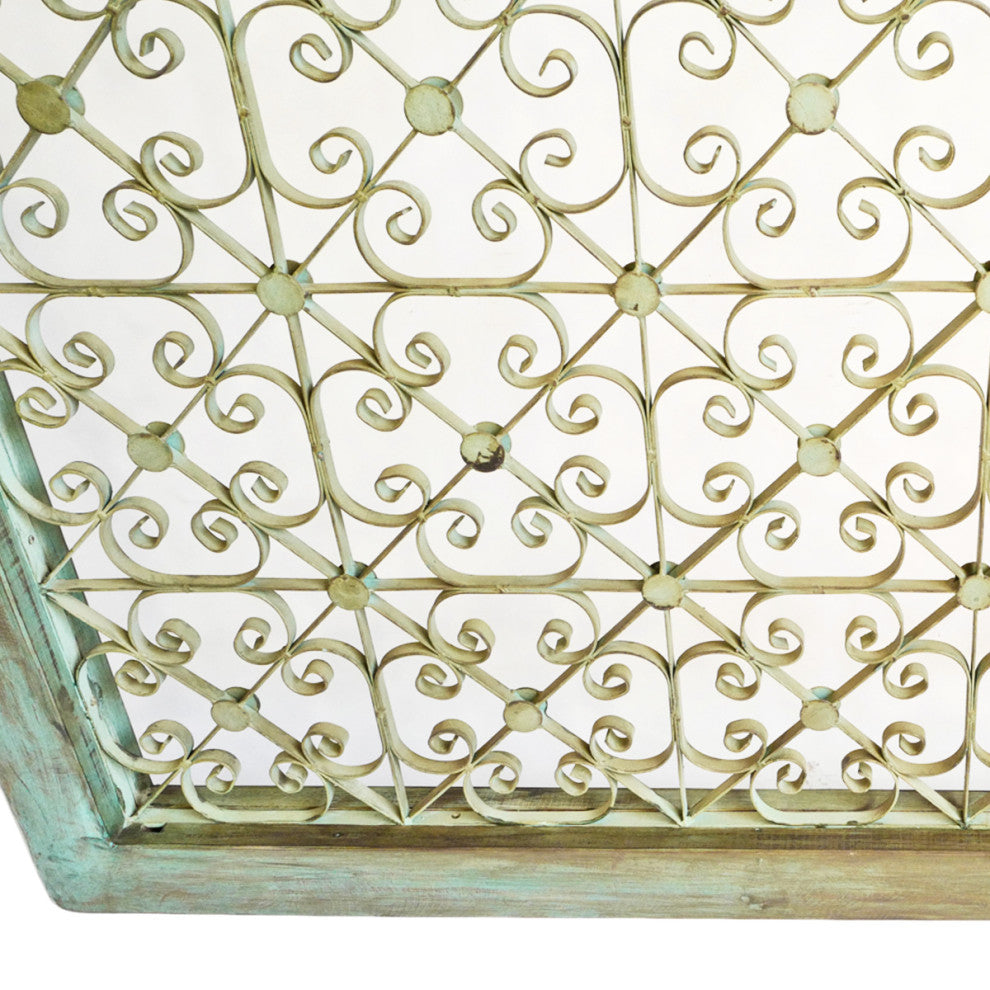 Large Green Wood Framed Iron Rosette Screen