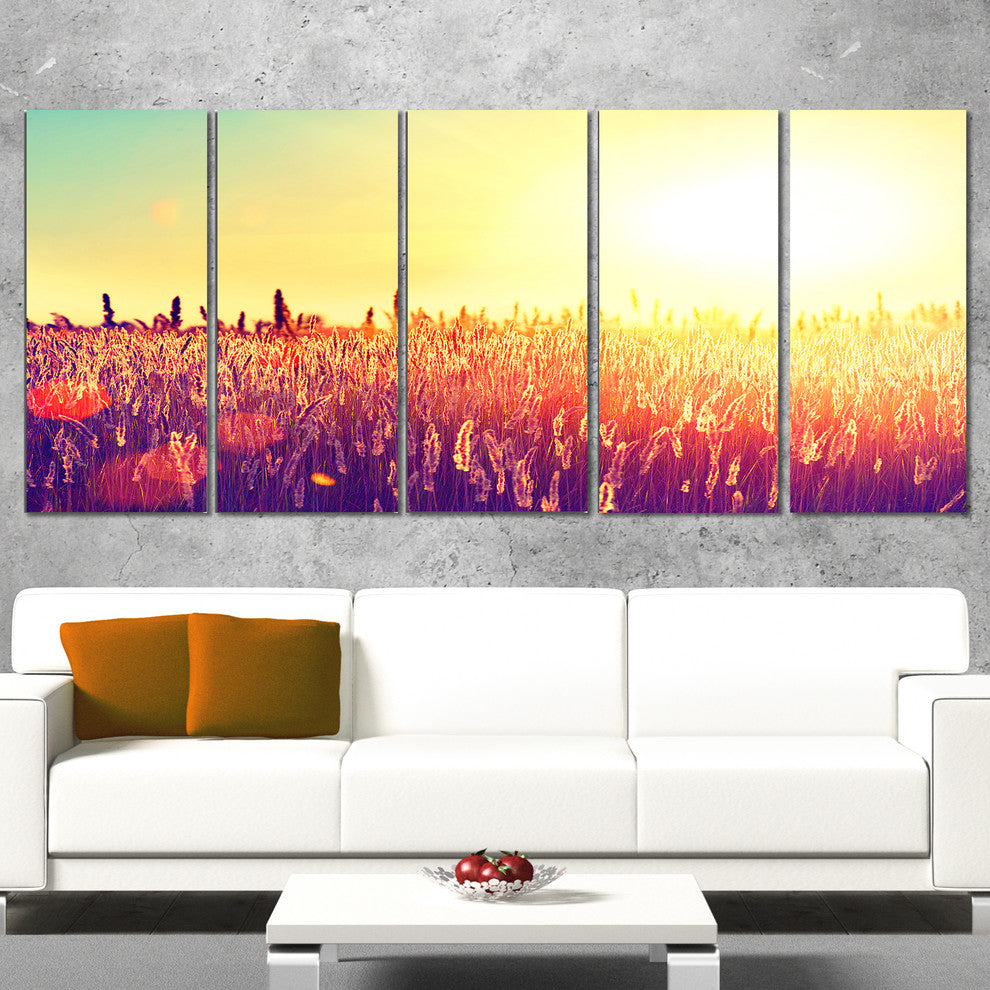 Rural Fields under Shining Sun, Large Landscape Canvas Art, 60"x28", 5 Panels