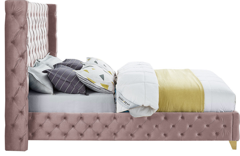Savan Velvet Upholstered Bed, Pink, Queen