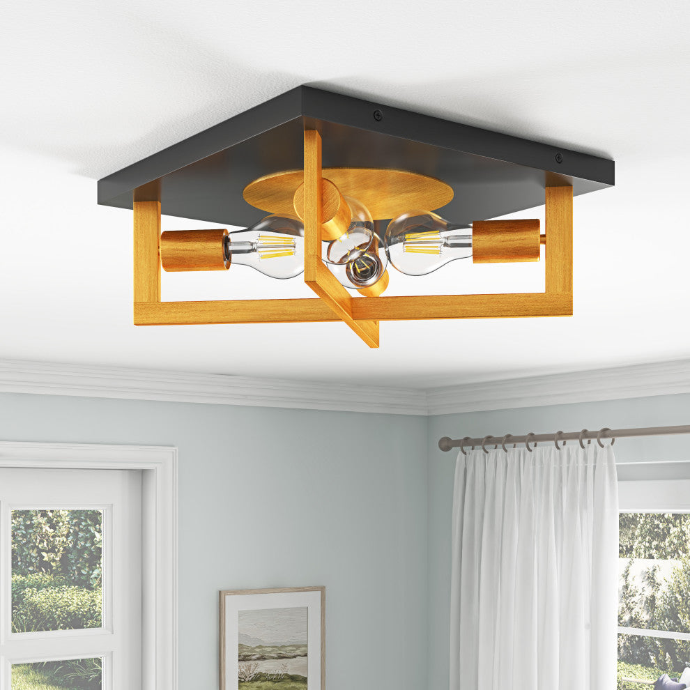 Matte Black and Brushed Gold Metal Frame Cage Flush Mount Ceiling Light