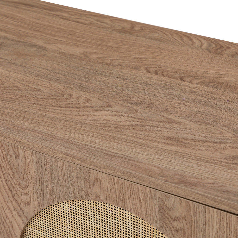 3-doors Modern Sideboard Cabinet With Rattan Design, Oak