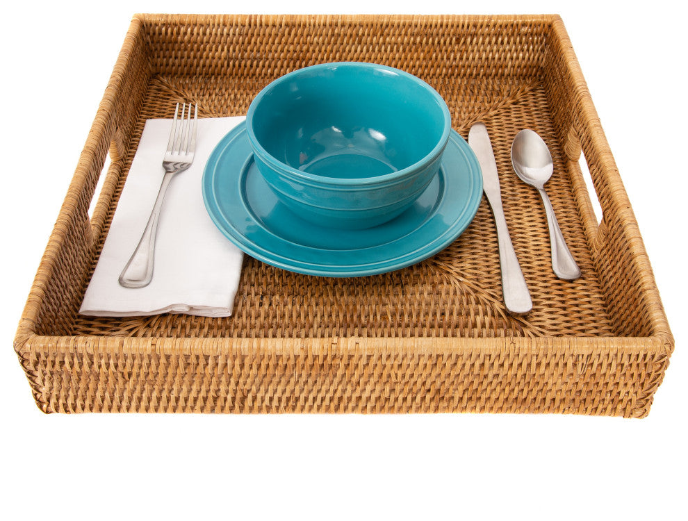 Artifacts Rattan™ Square Ottoman Tray with Cutout Handles, Honey Brown, 16"x16