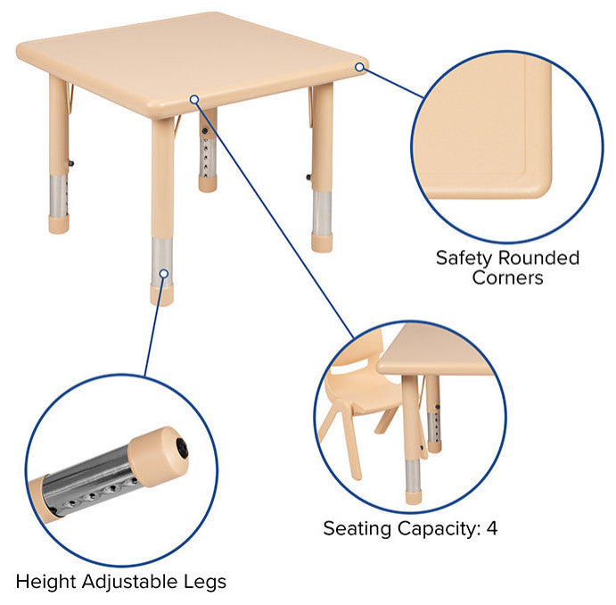 24" Square Natural Plastic Height Adjustable Activity Table Set with 4 Chairs