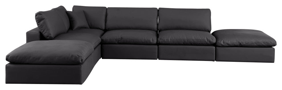 Comfy Upholstered L-Shaped Modular Sectional, Black, 6-Piece: 3 Armless Chair, 1 Corner Chair, 2 Ottoman, Vegan Leather