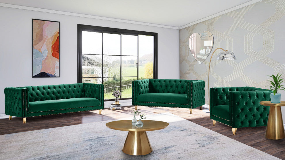 Michelle Fabric Upholstered Chair, Gold Iron Legs, Green, Velvet, Loveseat