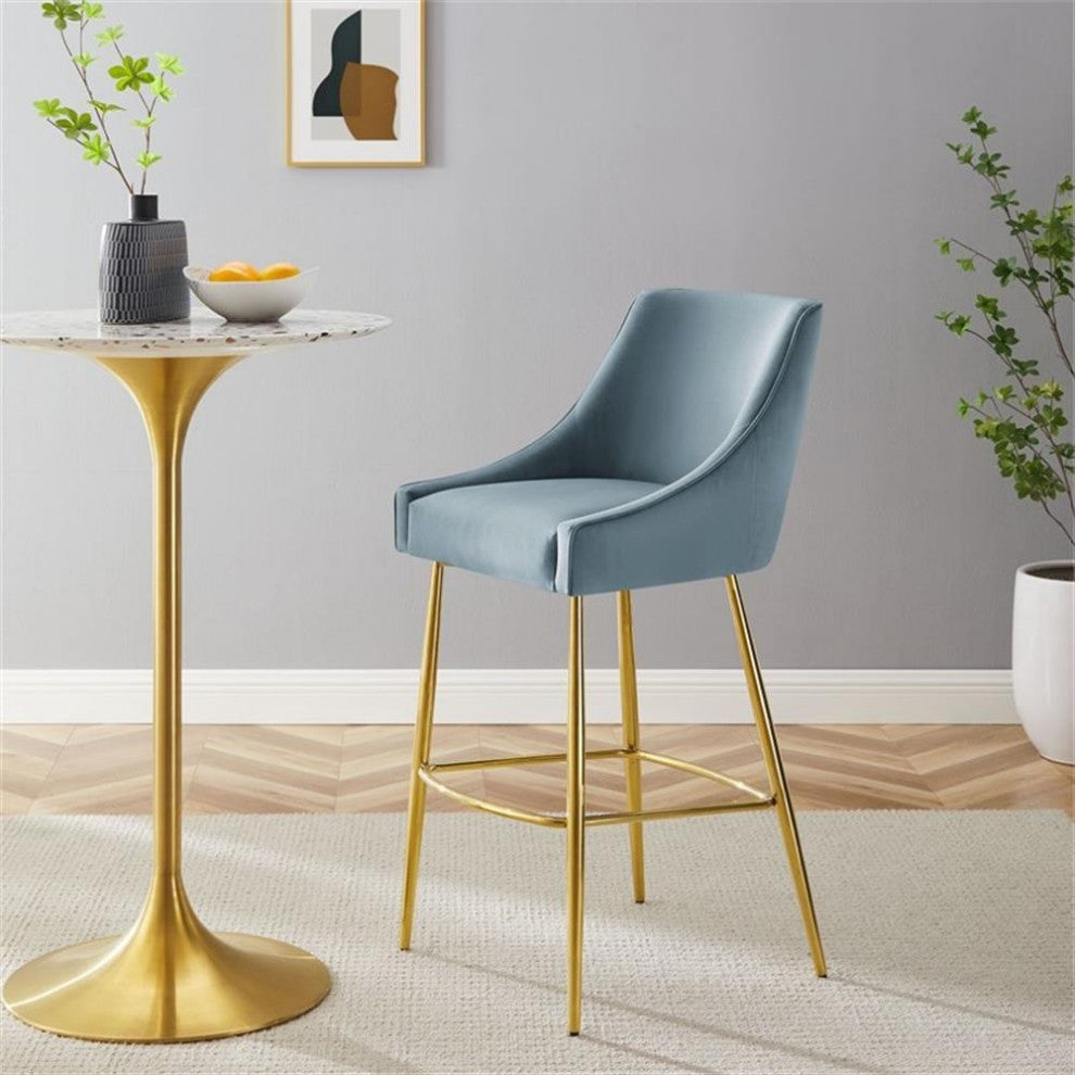 Modway Discern 29.5" Modern Performance Velvet Bar Stool in Light Blue/Gold
