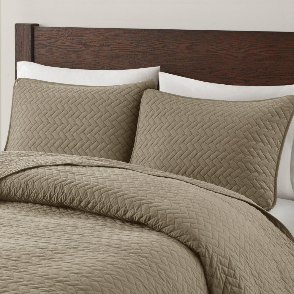 Hampton Hill Velvet Touch Herringbone Oversize 3-Piece Coverlet, Brown, Queen