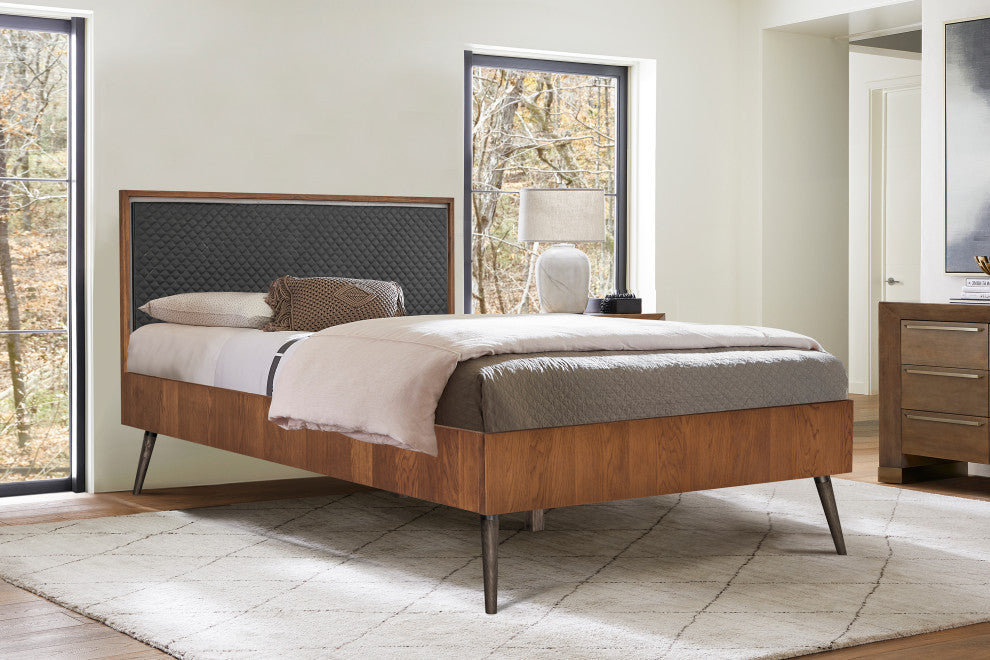 Coco Rustic Oak Wood Upholstered Faux Leather King Platform Bed