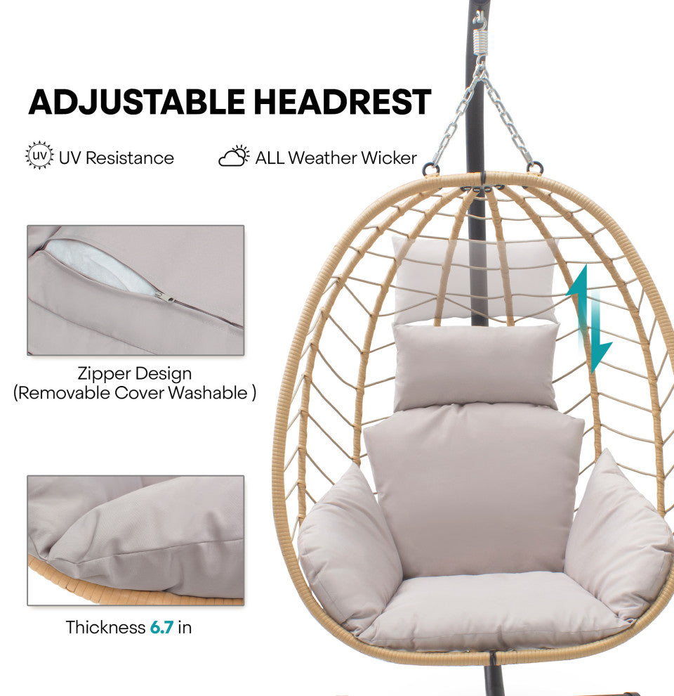 Hanging Egg Chairwith Stand Outdoor Indoor Use Adjustable Height 350lbs Capacity, Beige