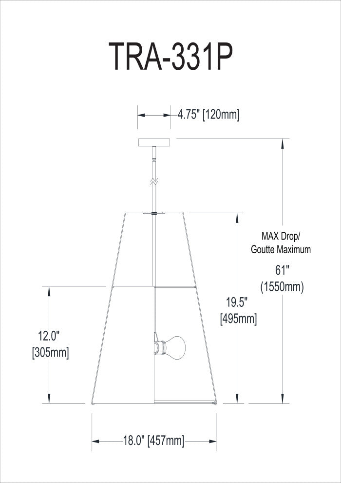 18" Contemporary Modern Pendant Light, Black With White Tapered Drum Shade