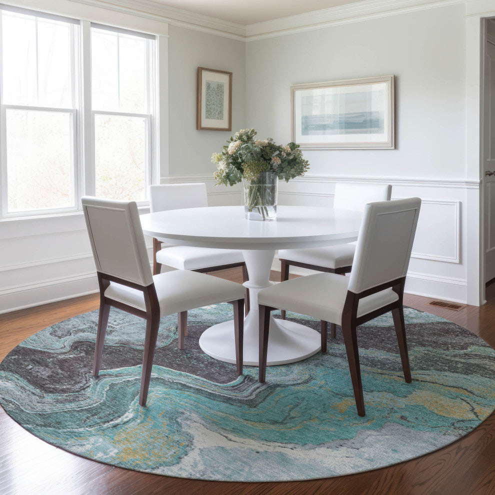 Machine Washable Indoor/Outdoor Chantille ACN1907 Teal 8' x 8' Round Rug