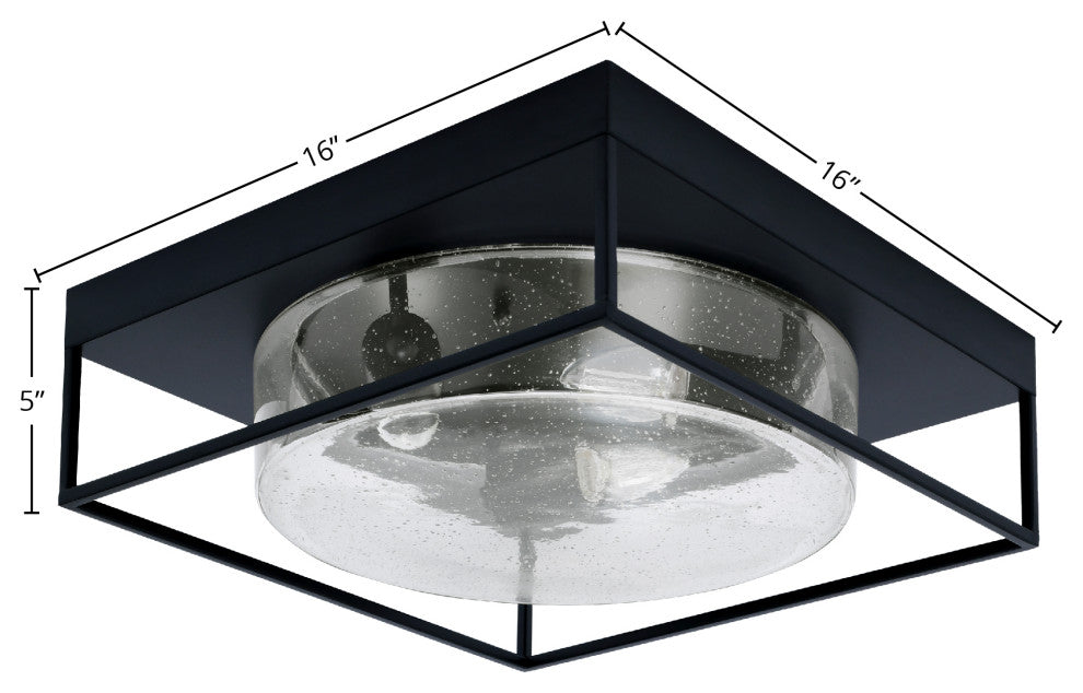 16" 3-Light Flush Mount Light, Matte Black, Clear Bubble Glass