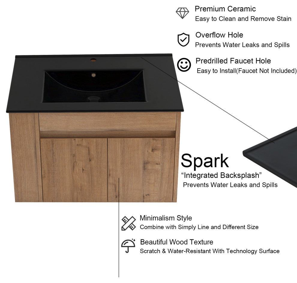30 inch Wood Wall-Mounted Bathroom Vanity Set with Integrated Resin Sink, Imitative Oakï¼Œblack