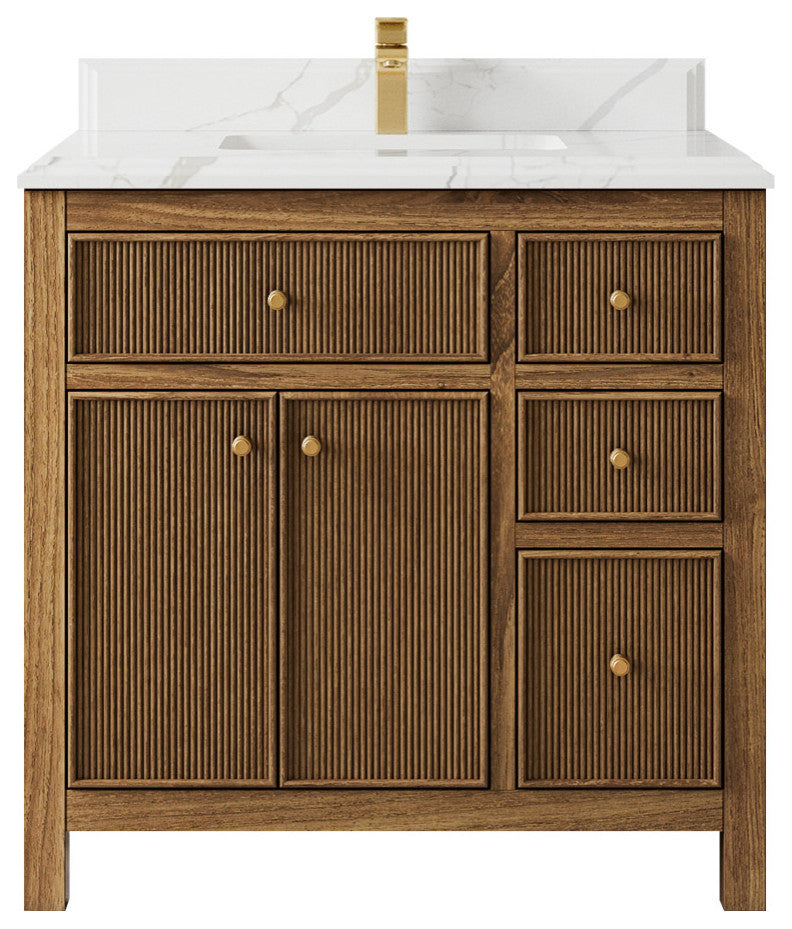 Sonoma Teak 36 Center Sink Bath Vanity in Dark Natural with 1.5" Calacatta Laza
