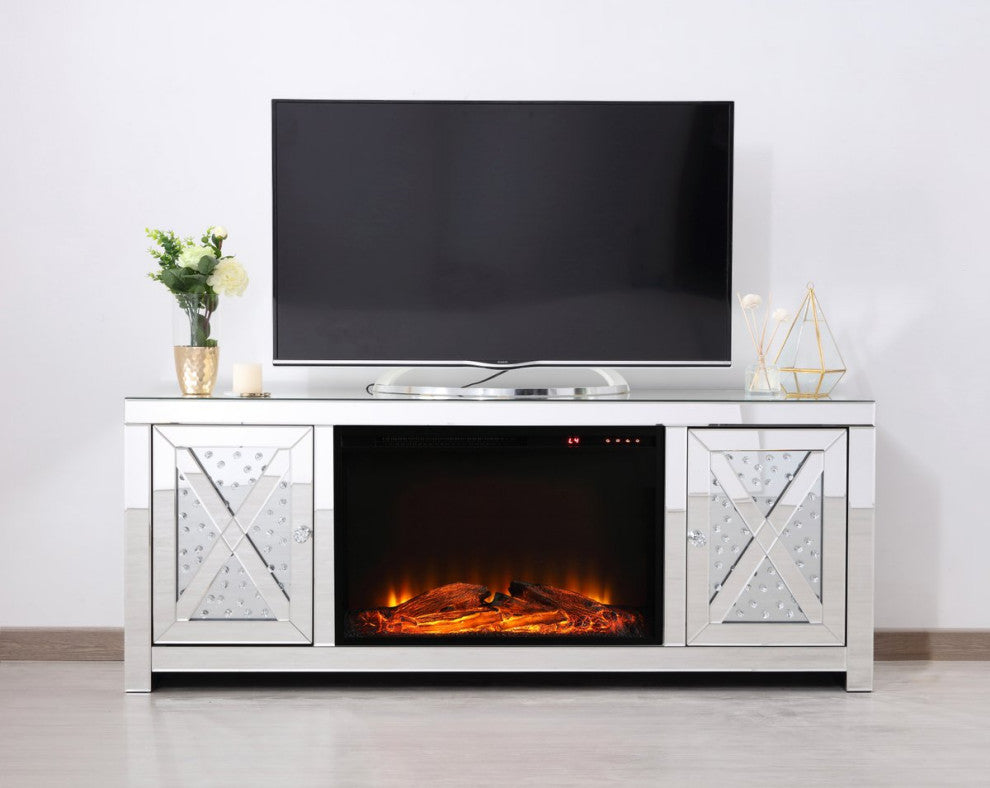 Elegant MF98904-F1 Raiden 59" LED Mirrored Tv Cabinet With Wood Fireplace