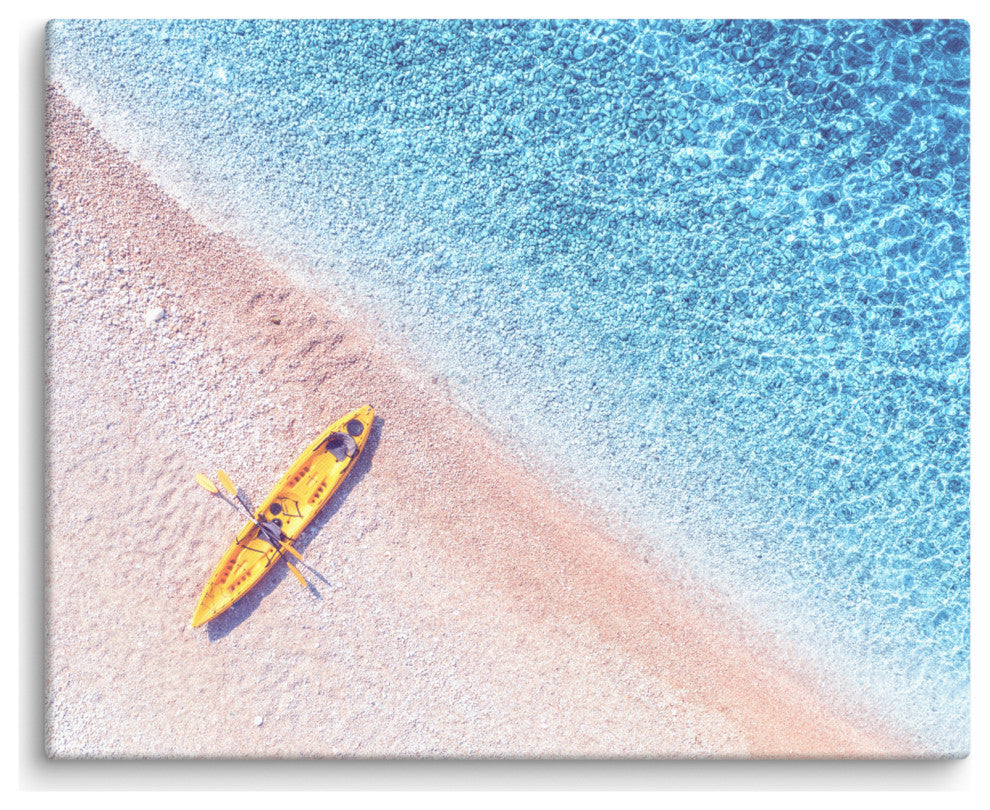 Yellow Canoe and Blue Sea by with Violet Glow Landscape Photo Canvas Art Print, 16" X 20"