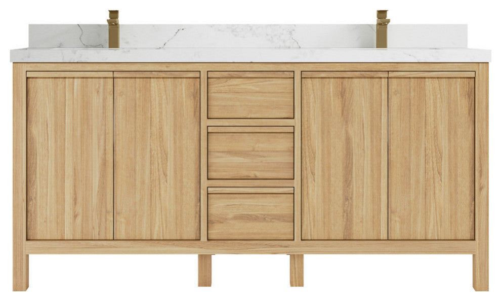 Elizabeth 72 Double Sink Bath Vanity in Light Natural Teak 2" Calacatta Nuvo