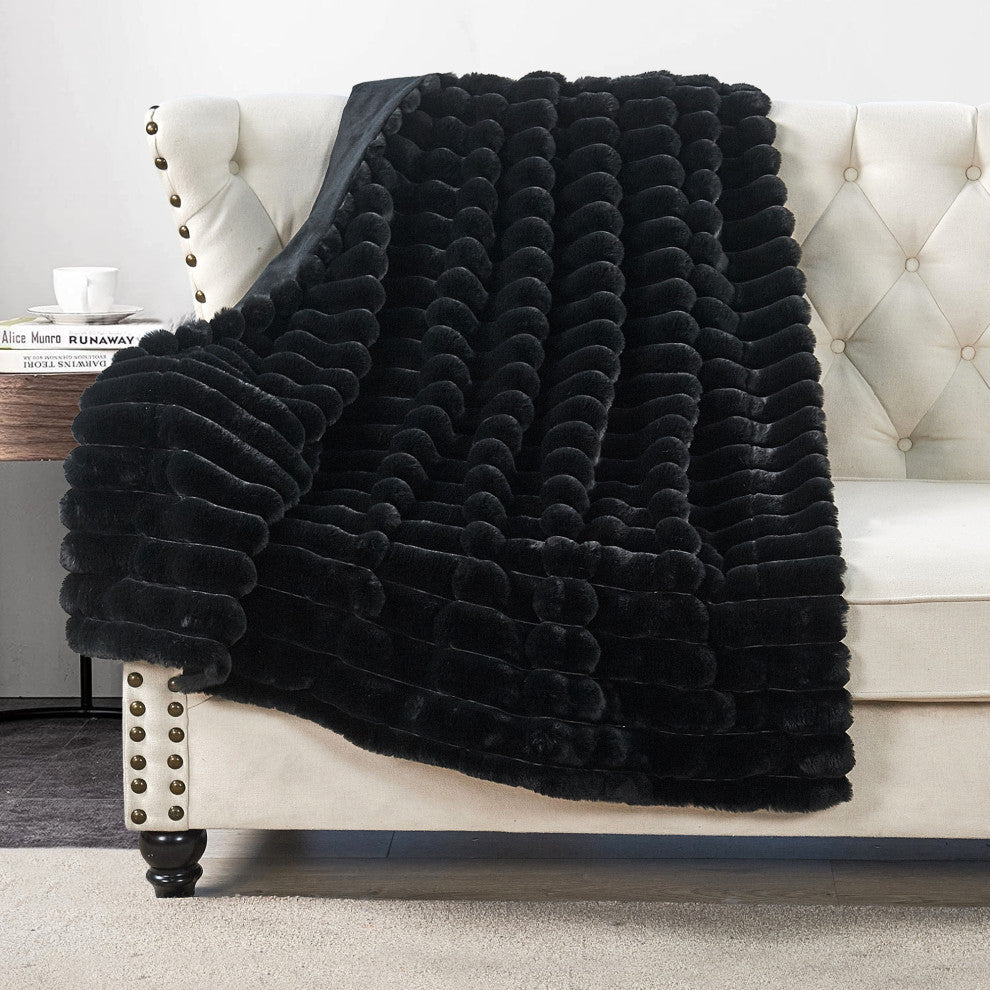 Fuzzy Striped Faux Fur Throw Blanket, Black