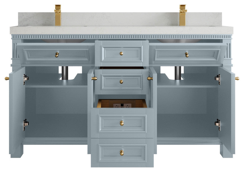 Paris 60" Double Sink Bathroom Vanity, Blue Heather 2" Carrara Quartz