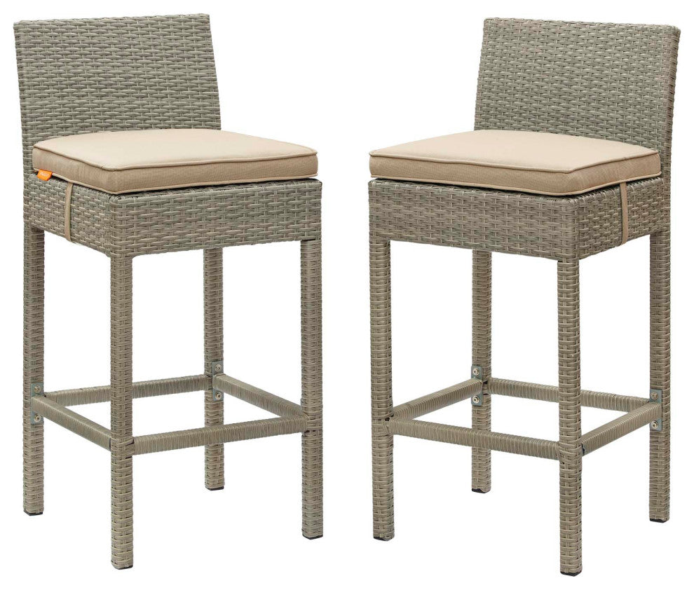 Contemporary Outdoor Patio Bar Stool Chair, Set of Two, Fabric Rattan, Beige