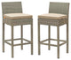 Contemporary Outdoor Patio Bar Stool Chair, Set of Two, Fabric Rattan, Beige