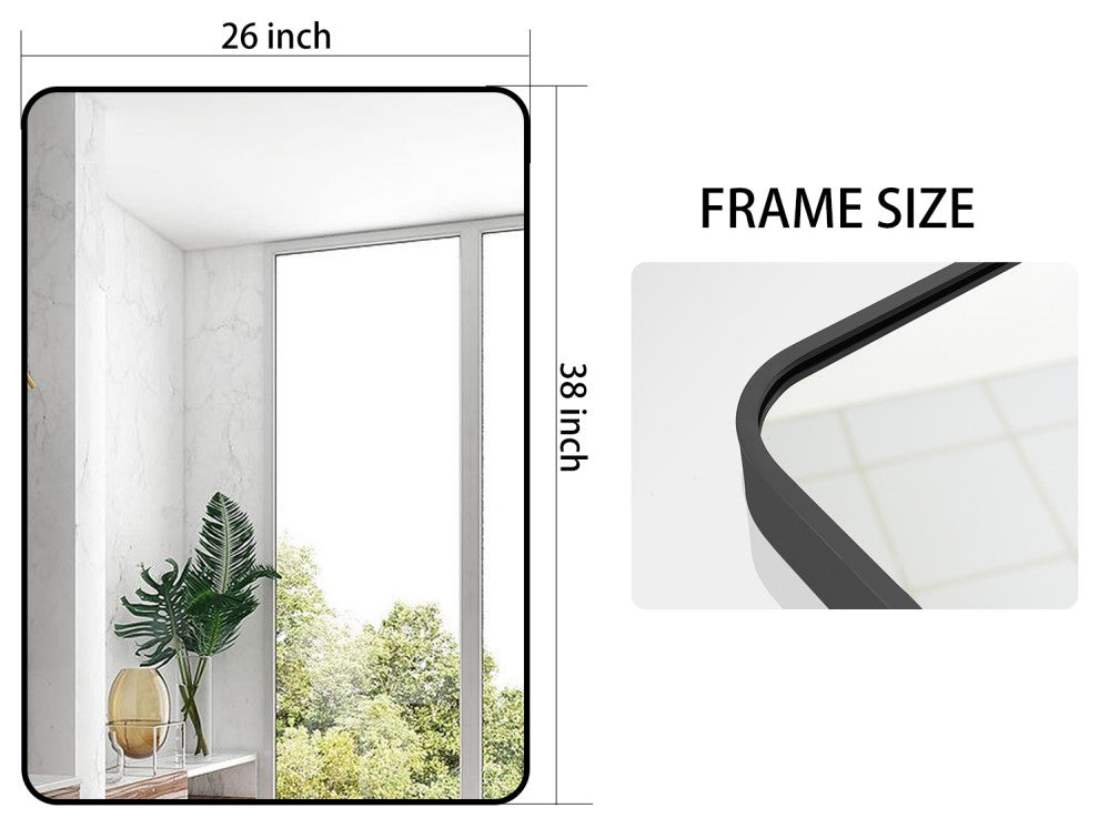 Easly Rectangular Aluminum Alloy Framed Rounded Wall Mirror, Black, 26*38