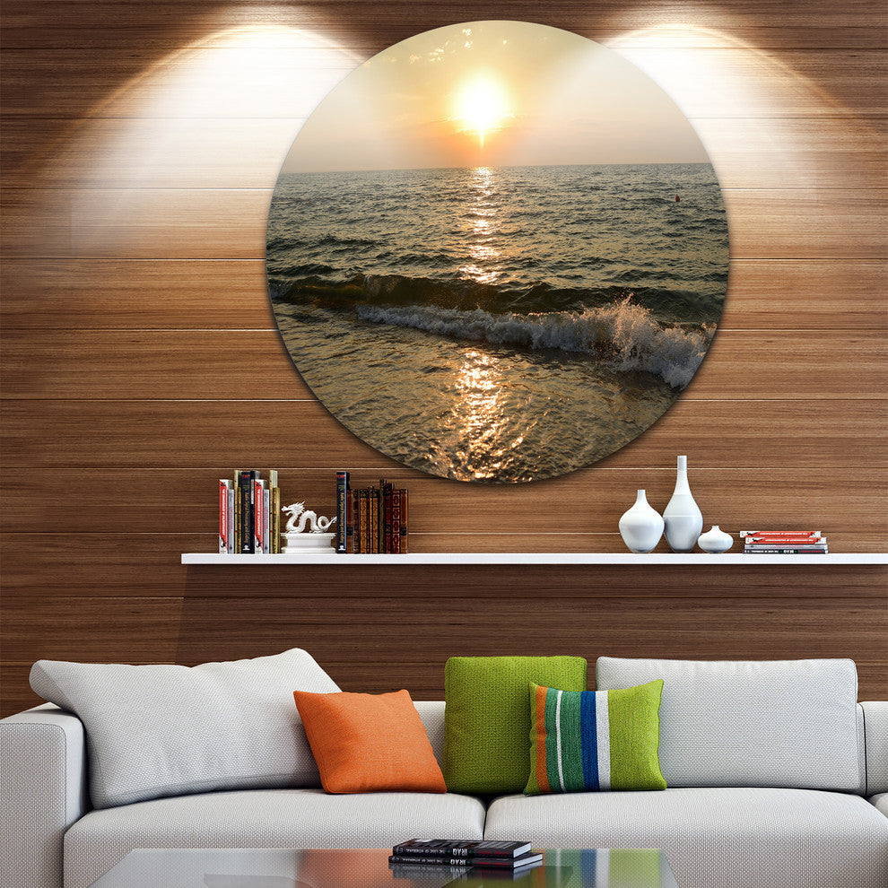 Black Seascape In Morning Sunlight, Beach Large Disc Metal Artwork, 11"