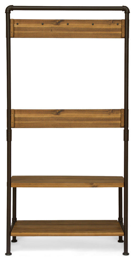 GDF Studio Carlos Outdoor Industrial Acacia Wood Bench With Shelf and Coat Hooks, Teak