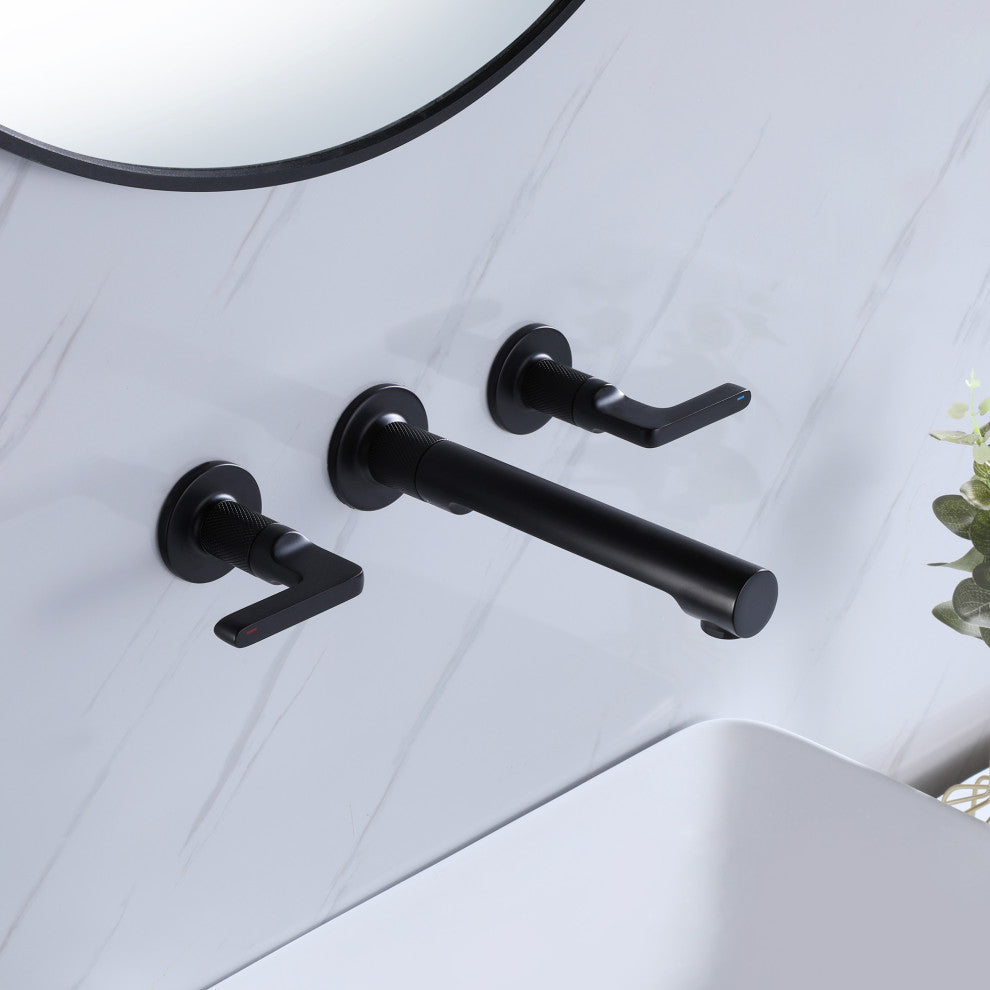 Wall Mounted Dual Handles Bathroom Faucet, Matte Black