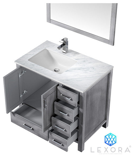 Jacques 36" Single Vanity, No Top and 34" Mirror, Distressed Grey, Left