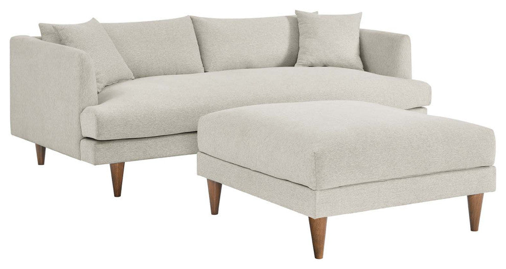 Zoya Down Filled Overstuffed Sofa and Ottoman Set, Heathered Weave Ivory