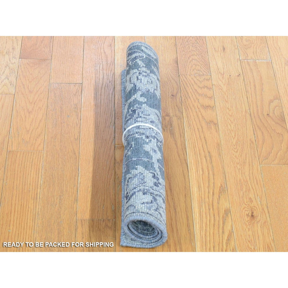 Gray Silk With Textured Wool Hand Knotted Oushak Influence Mat Rug, 2'x2'1"