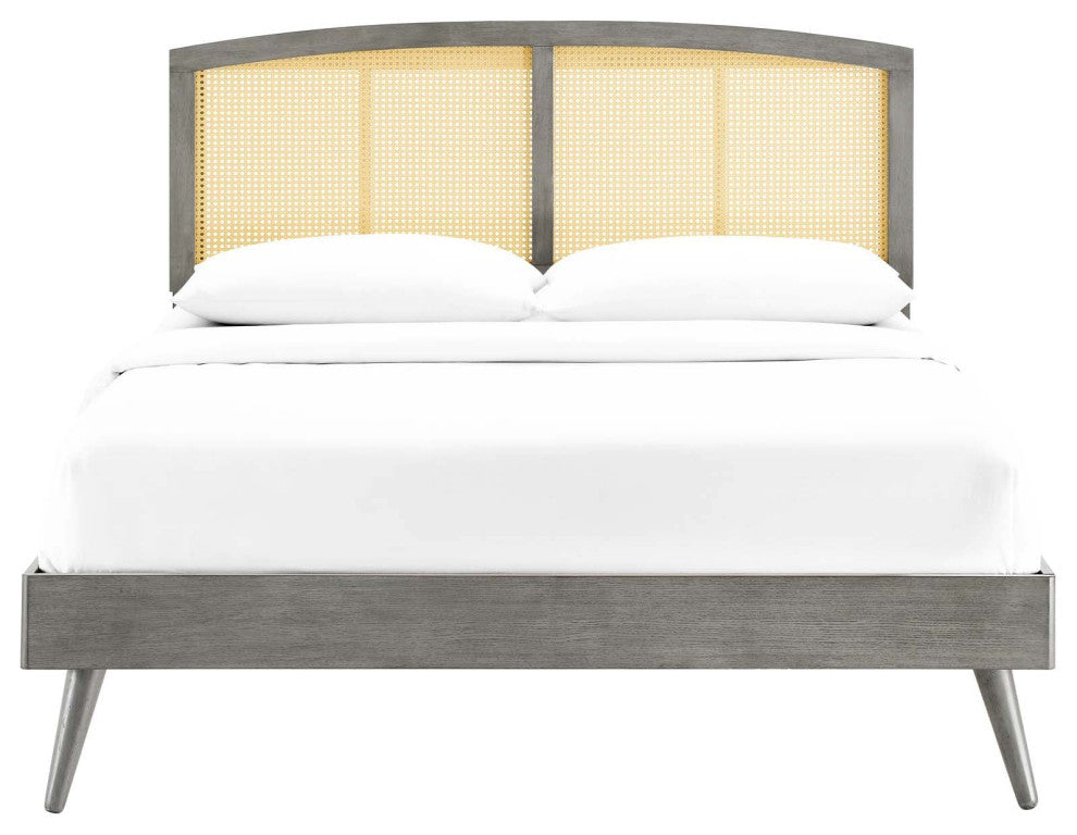 Cane Bed, Woven Rattan Bed, Art Moderne Curve Platform Bed, Grey, Full