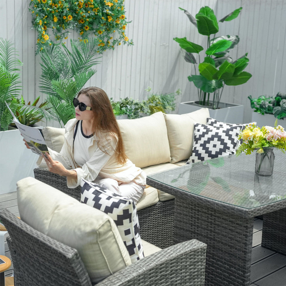 7-Piece Wicker Patio Sectional Dining Sofa Set with Storage Box, Gray