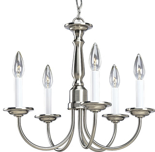 5-Light Chandelier, Brushed Nickel With White Candle Sleeves