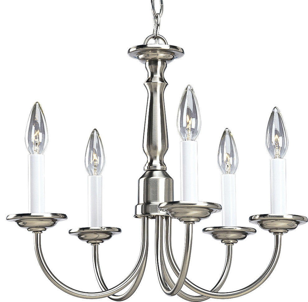 5-Light Chandelier, Brushed Nickel With White Candle Sleeves