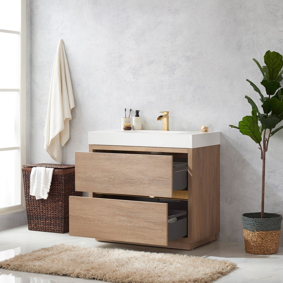 Huesca Bath Vanity, Integrated Sink Top, North American Oak, 36", Without Mirror