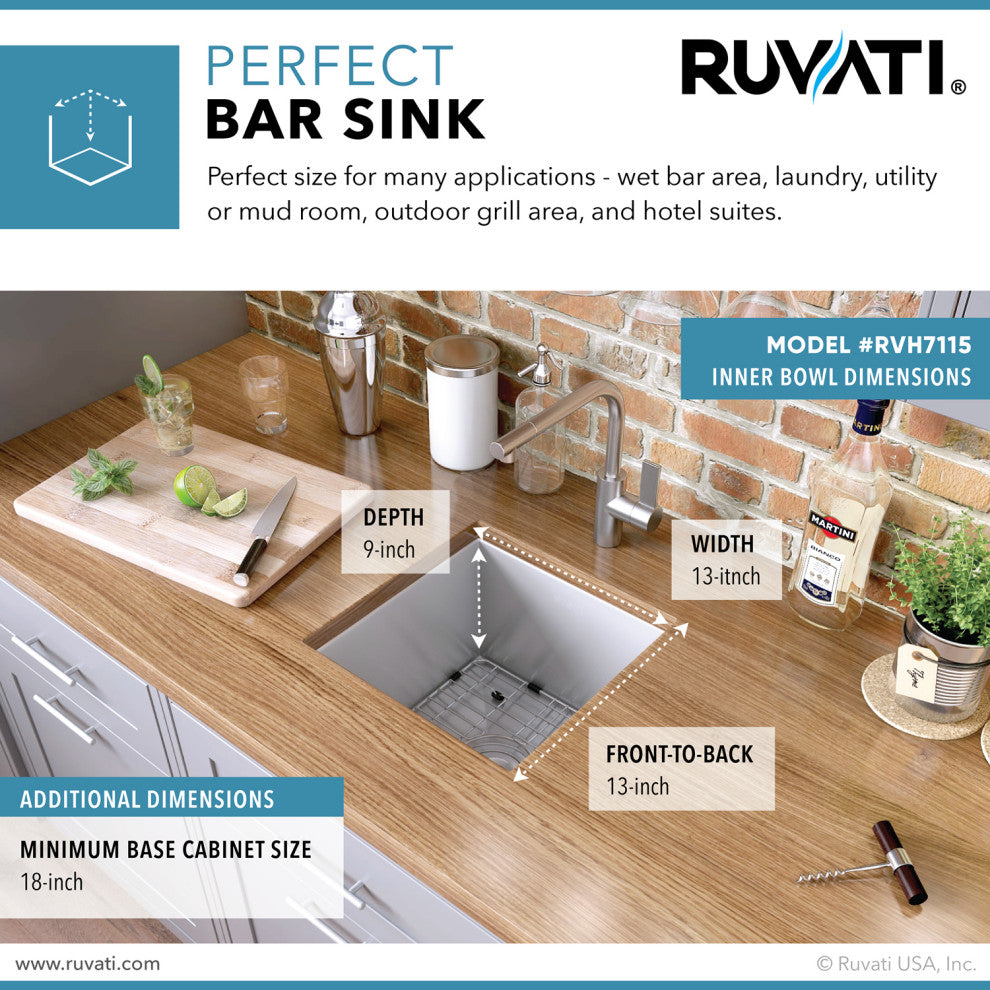 Ruvati RVH7115 15x15" 16 Gauge Zero Raduis Bar Prep Square Kitchen Sink