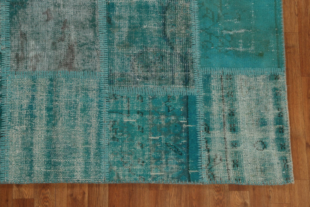 Green Over-dyed Patchwork Turkish Area Rug Hand-tufted Wool Carpet 7x10