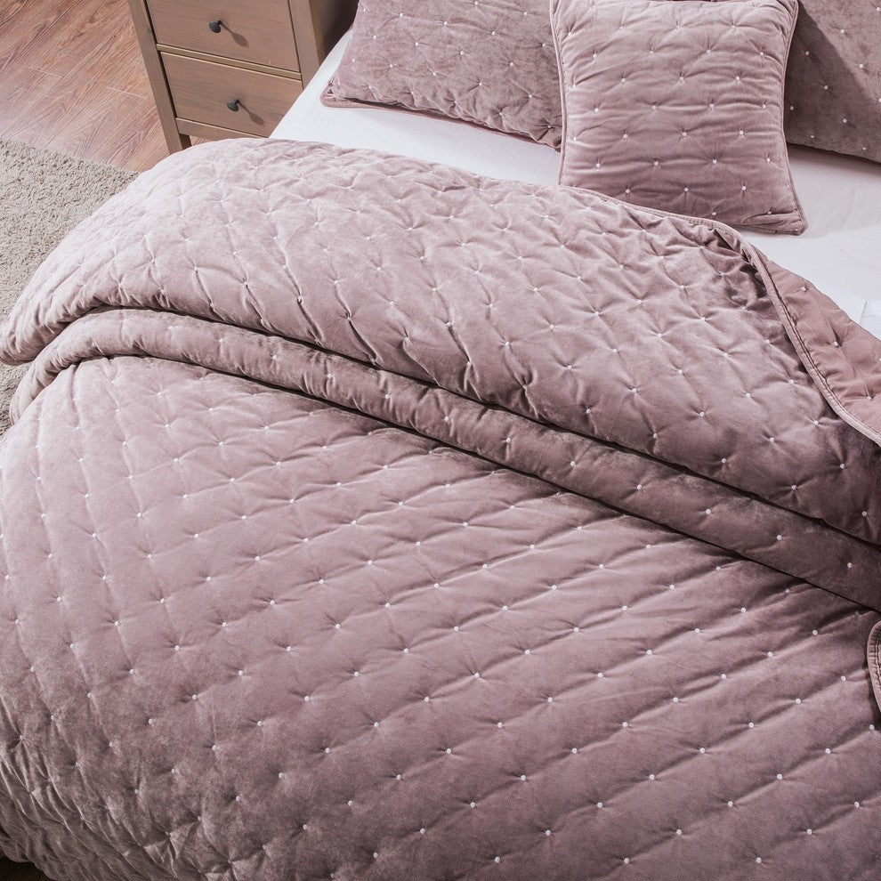 Mauve Velvet Diamond Tuft Bedspread Quilt Set, King