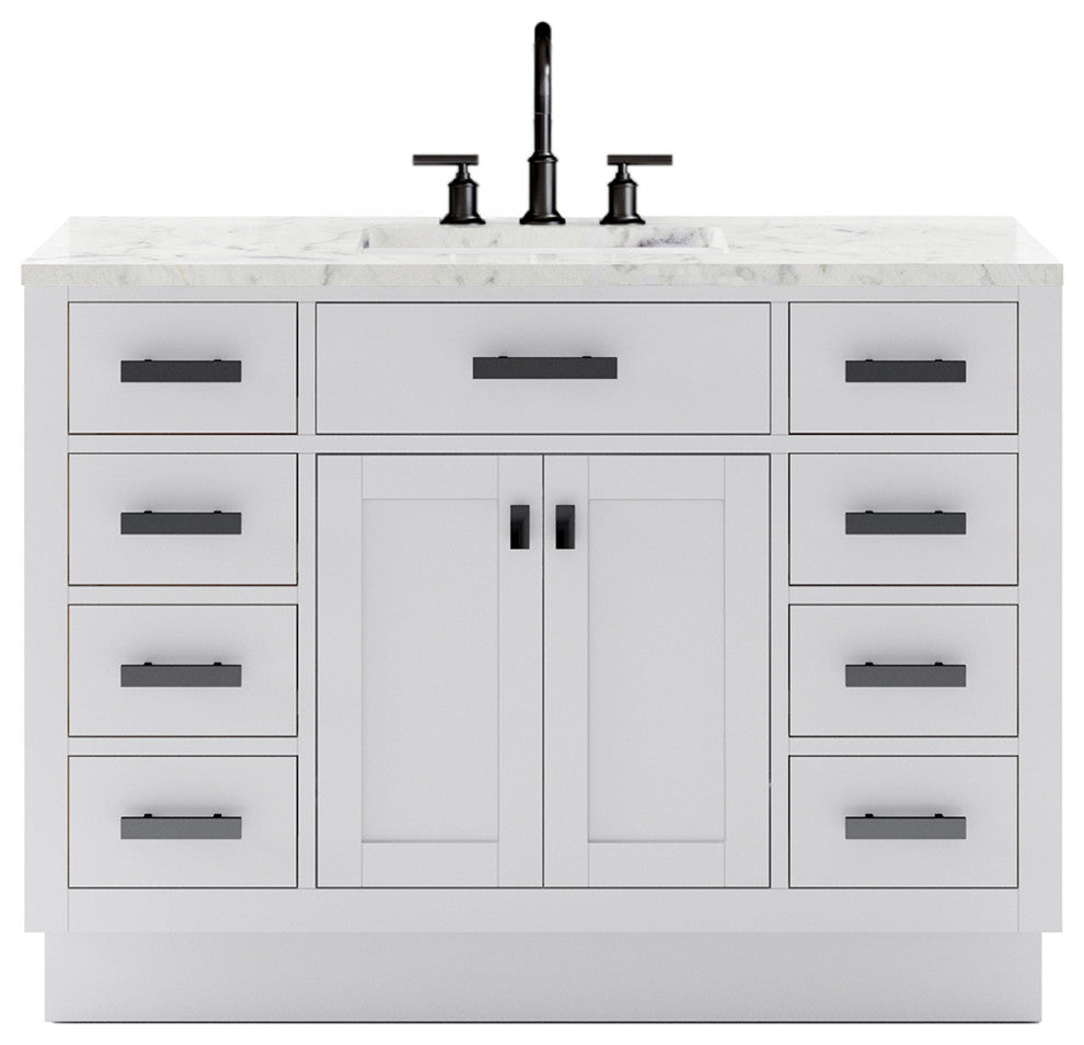 Hartford 48" Single Sink Marble Countertop Bath Vanity, White, Vanity With Gooseneck Faucet