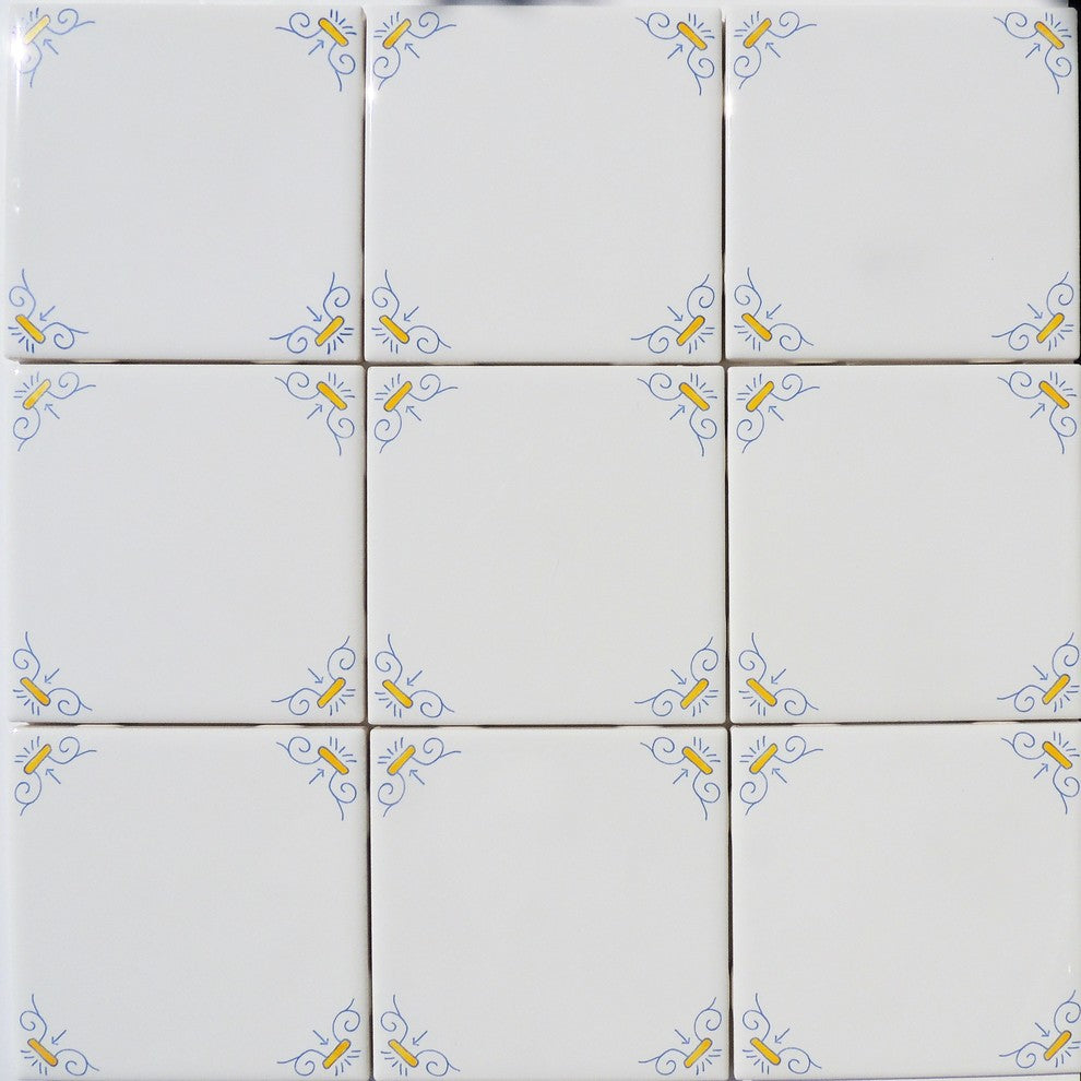 Delft Style Blue Yellow and White Wall Tile Oxen Corner Motif Design, Set of 3