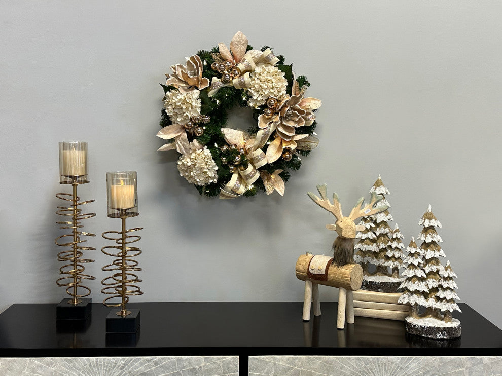 28" Evergreen Holiday Wreath with Hydrangeas, Magnolias, Bows and Lights