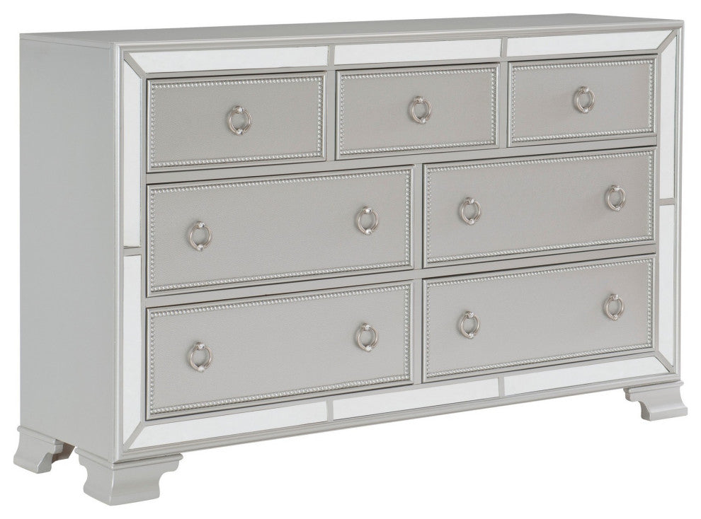 Benzara BM219008 7 Drawer Wooden Dresser With Mirror Trim and Ring Pulls, Silver