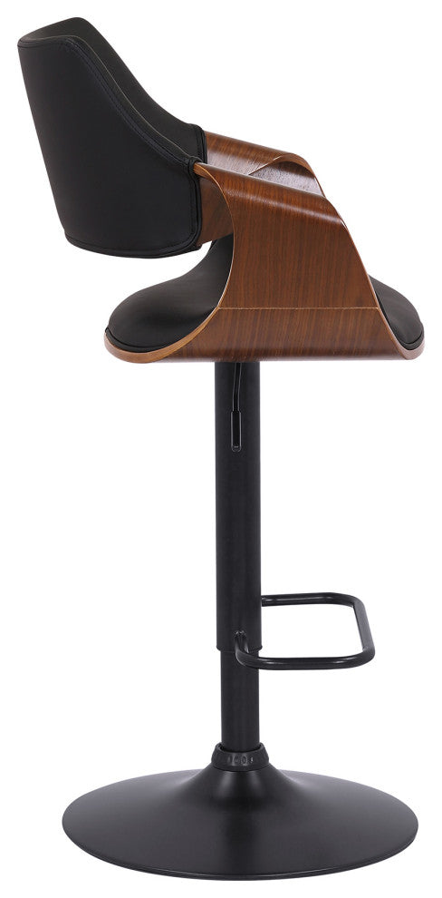 Aspen Adjustable Swivel Faux Leather and Wood Bar Stool With Metal Base, Black, Walnut and Chrome