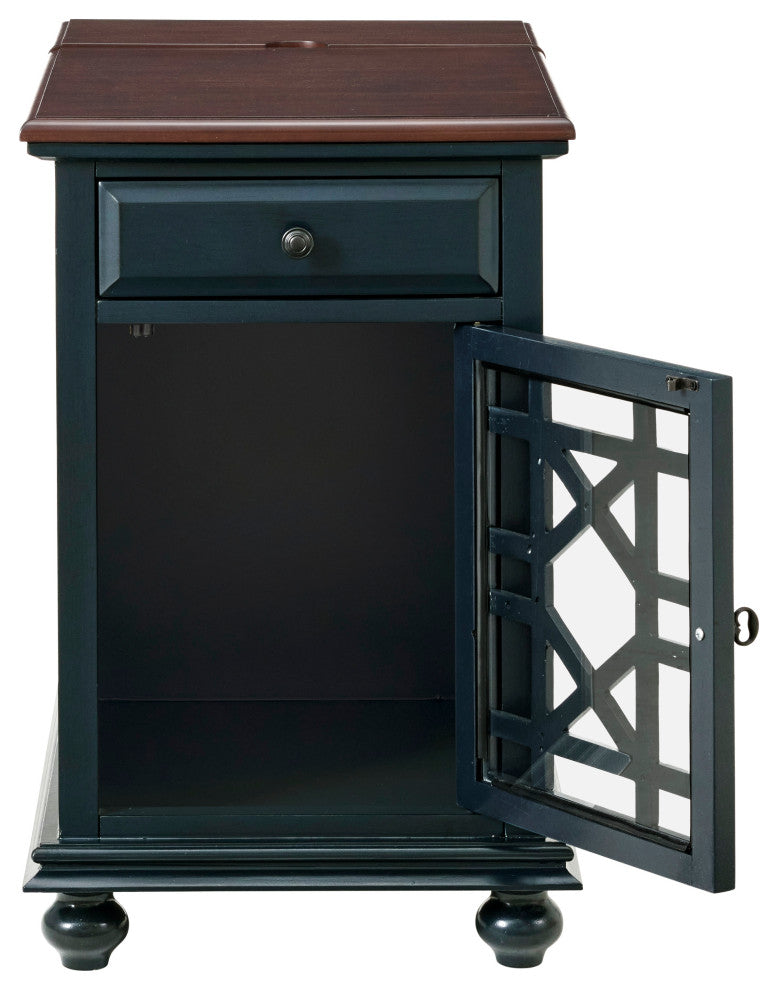 Elegant Chairside Table with Charging Station, Catalina Blue With Walnut Top