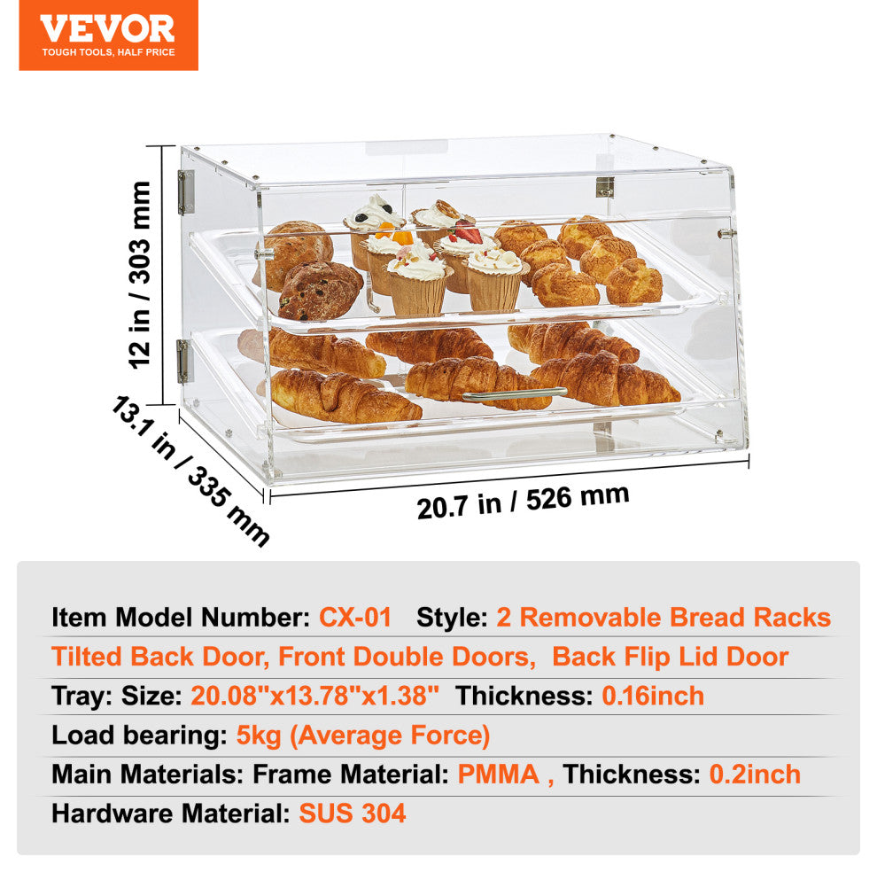 VEVOR 2-Tier Acrylic Bakery Display Case Countertop Donut Pastry Case Rear Door