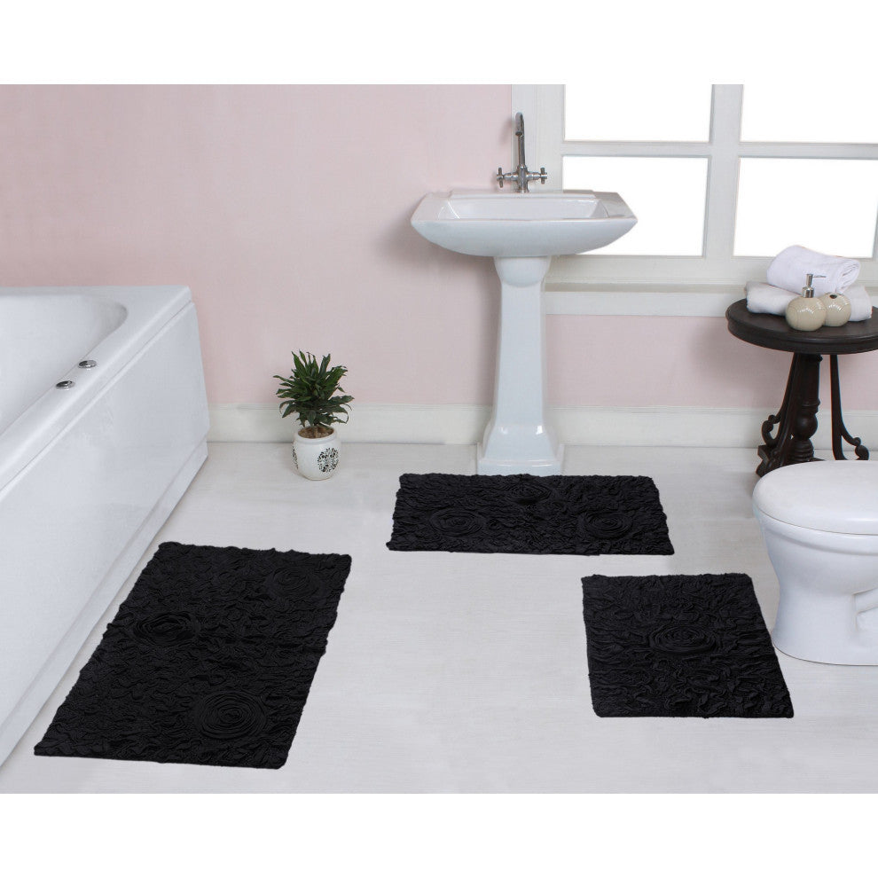 Modesto Collection 100% Cotton Machine Washable Bath Rug, 3-Piece Set, Black