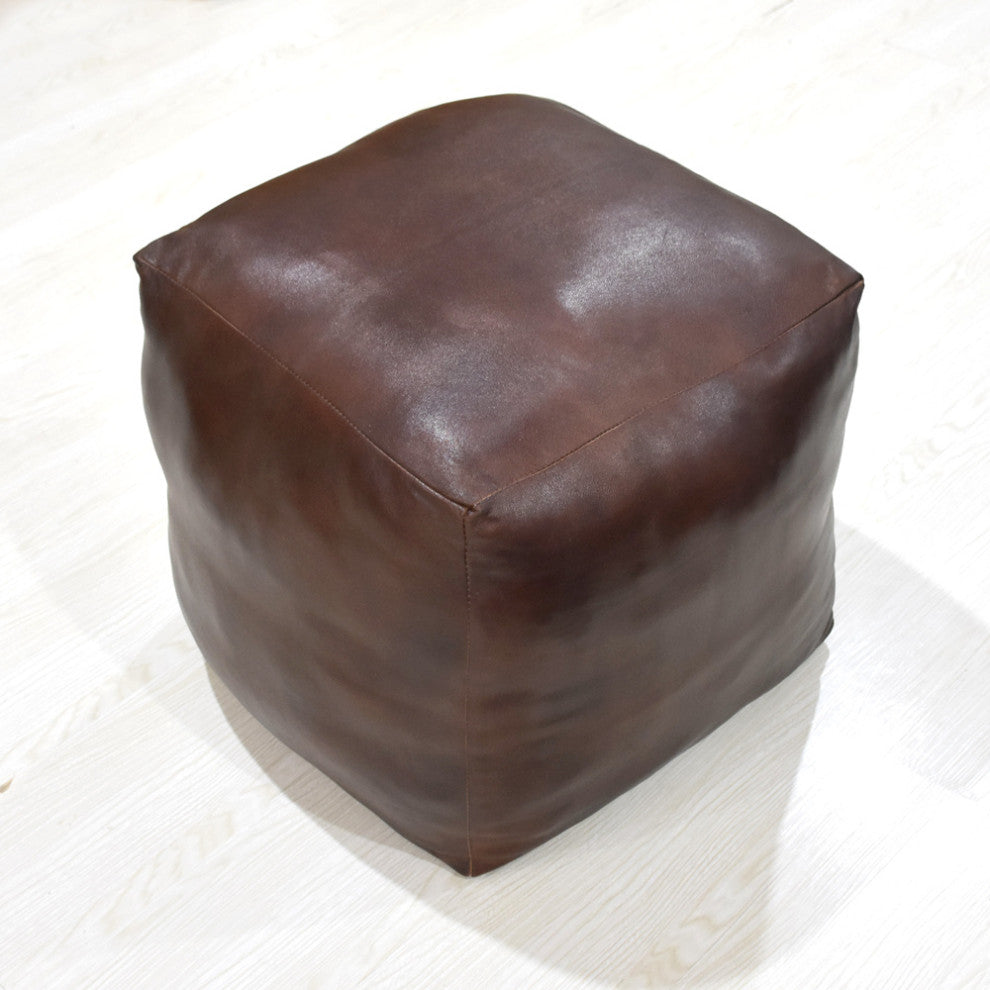 Poufs-Solid Goat Leather Pouf, Handmade (Recycled Cotton Fill), (Square]14x14x14
