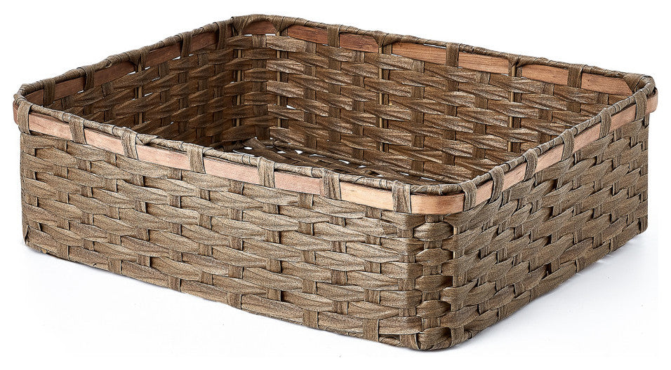 3-Piece Set Rectangle Faux Wicker Storage Baskets with Woodstrip Edge, Tan